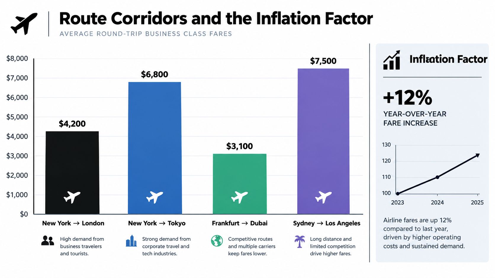 A bar chart comparing average round-trip business class fares across four global airline route corridors.