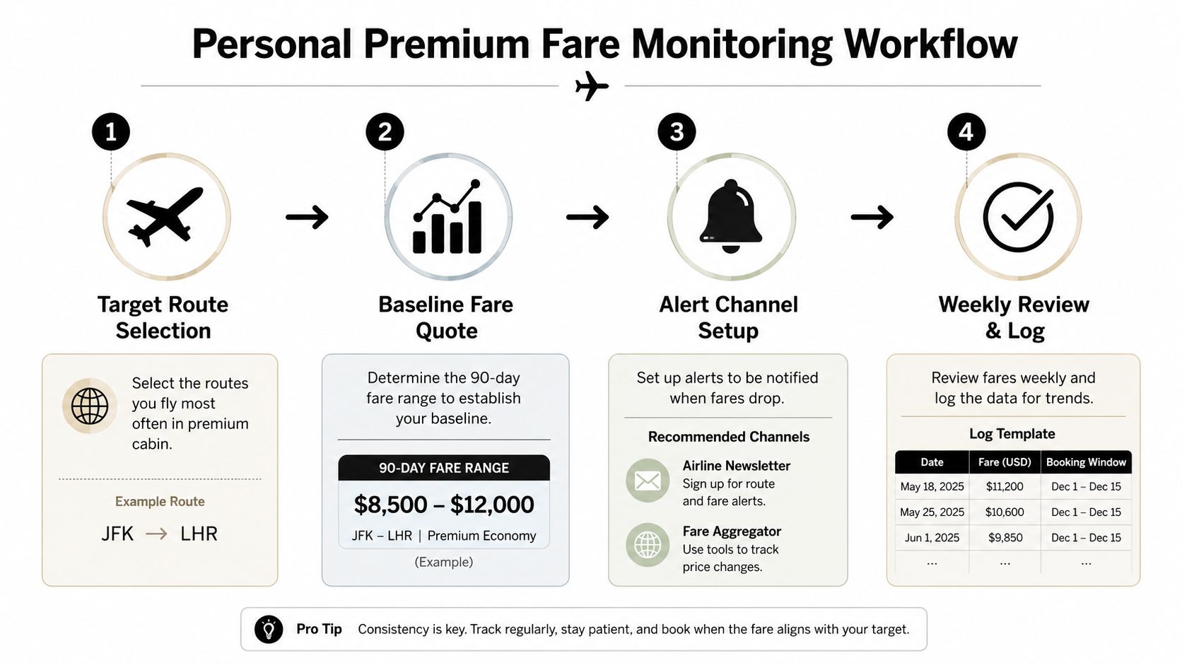 A four-step infographic illustrating a workflow for monitoring and logging international premium airline fare trends.