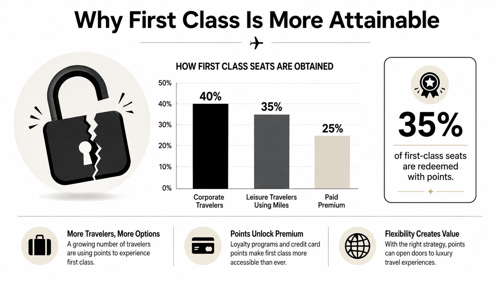 An infographic titled Why First Class Is More Attainable showing how travelers obtain luxury airline seats.