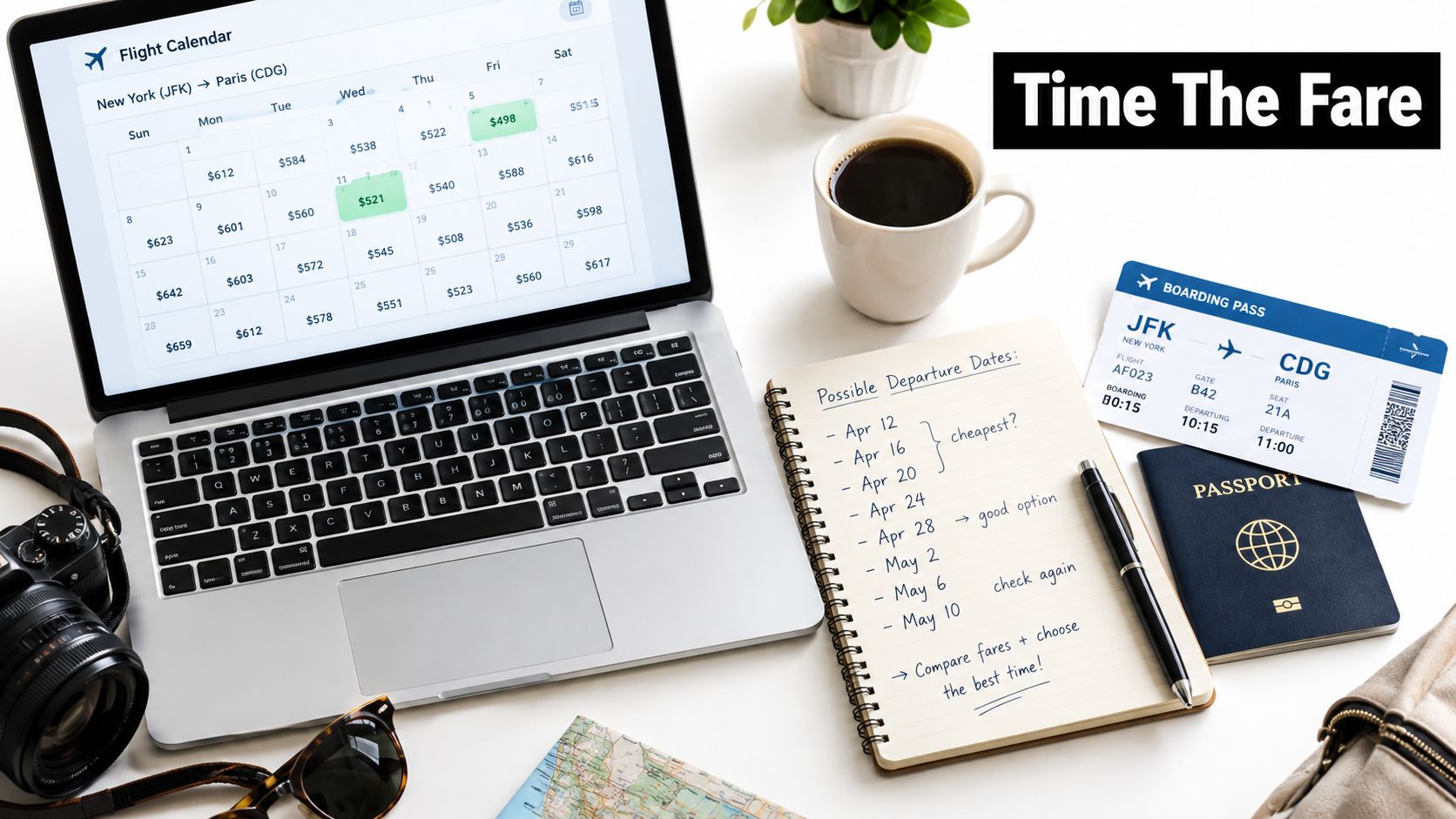 A travel planning flatlay featuring a laptop showing flight prices, a boarding pass, passport, and a notebook.