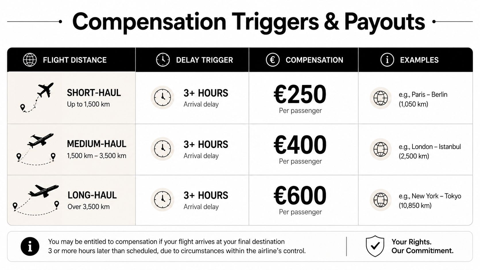 A chart showing airline compensation payouts based on flight distance and a three hour arrival delay.