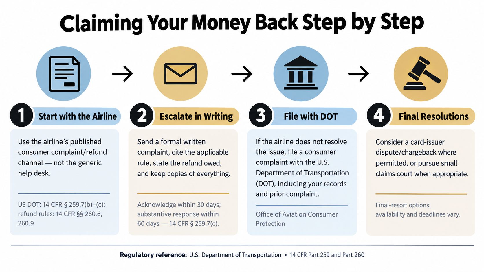 An infographic showing a four-step guide on how to request a refund from an airline company.