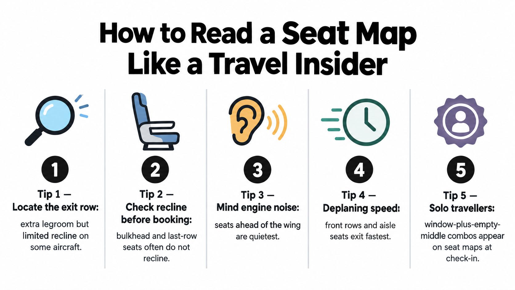 An infographic titled How to Read a Seat Map Like a Travel Insider with five numbered tips.