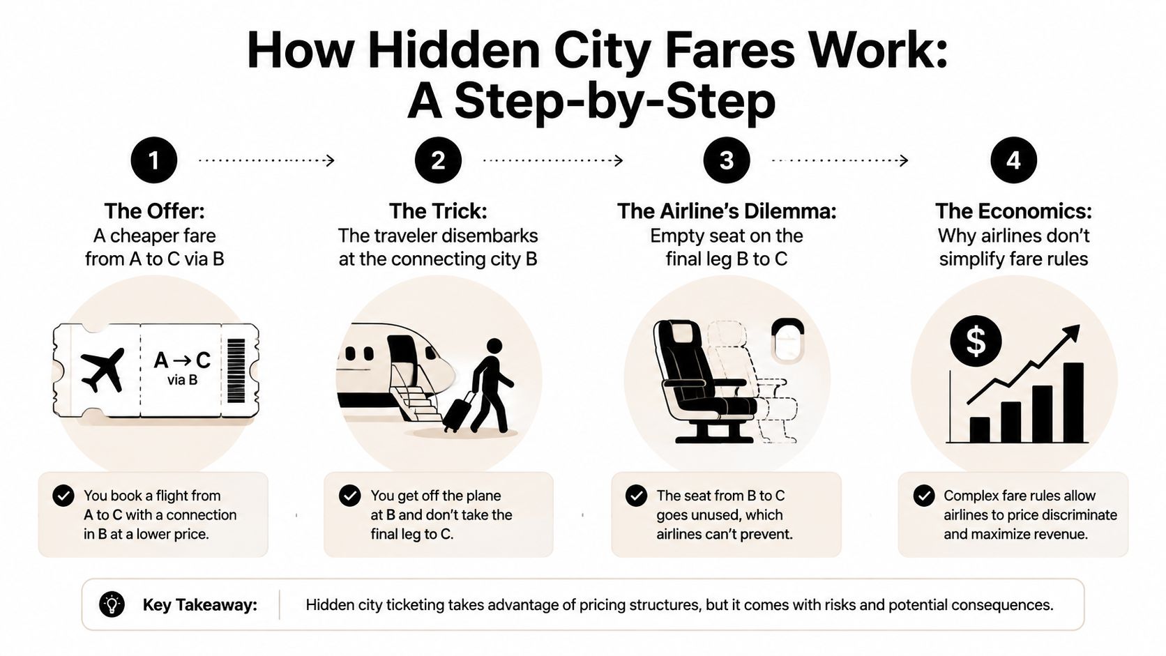 An infographic titled How Hidden City Fares Work, illustrating four steps of the booking practice and economic reasoning.