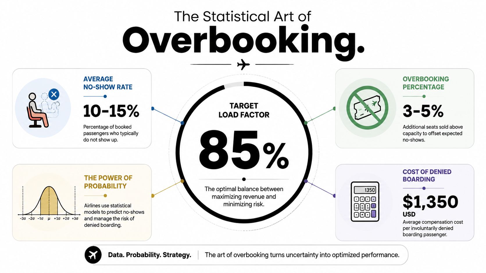 An infographic titled The Statistical Art of Overbooking explaining airline revenue management through data, probability, and strategies.