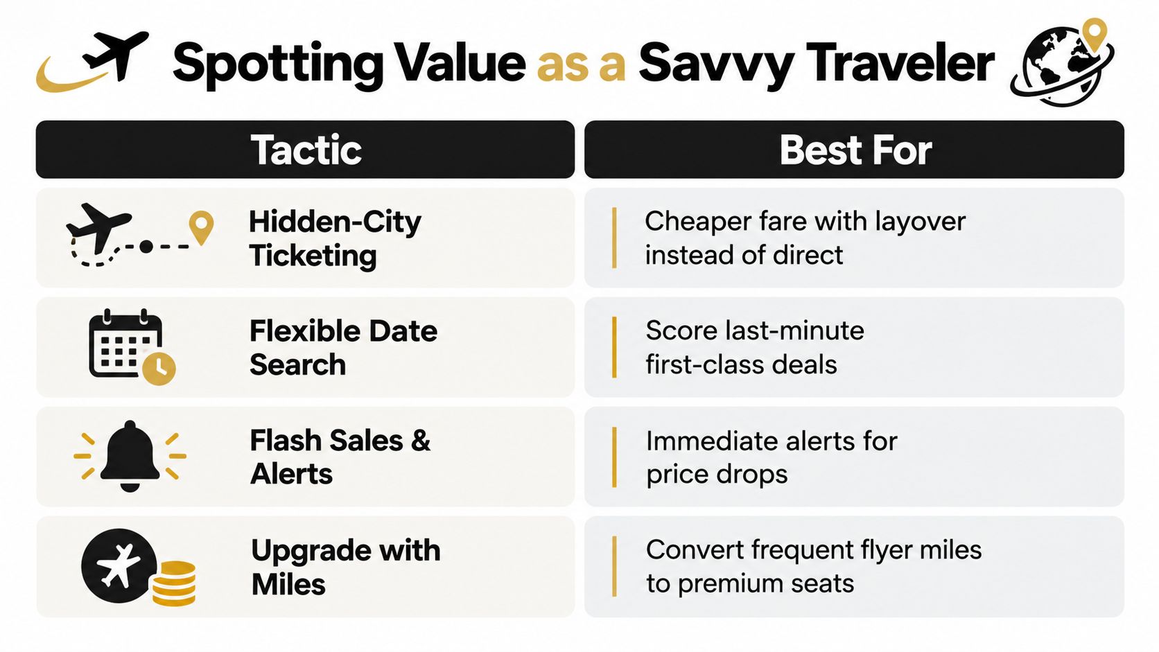 A travel infographic showing four tactics for savvy travelers to find better value on airline flights.