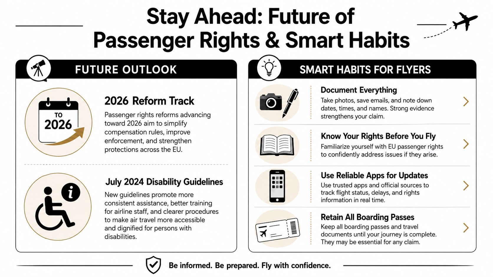 An infographic titled Future of Passenger Rights and Smart Habits, outlining 2026 reforms and travel tips.
