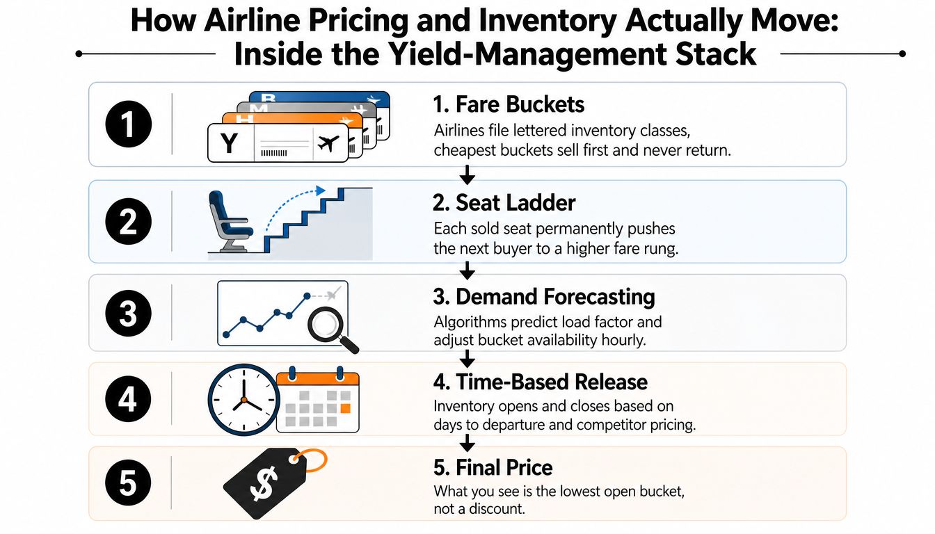 A diagram illustrating the five stages of airline yield management, from fare buckets to final ticket pricing.