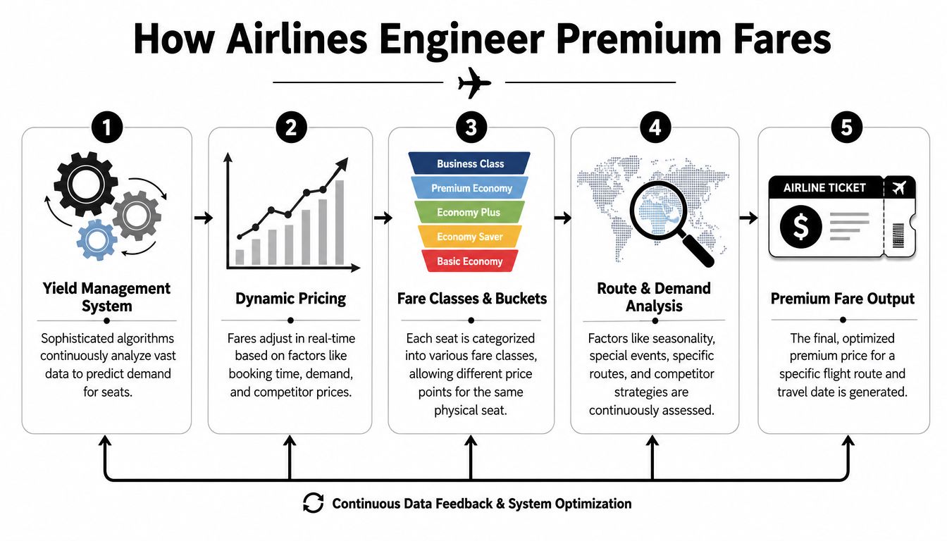 An infographic titled How Airlines Engineer Premium Fares showing five steps in the airline ticket pricing process.
