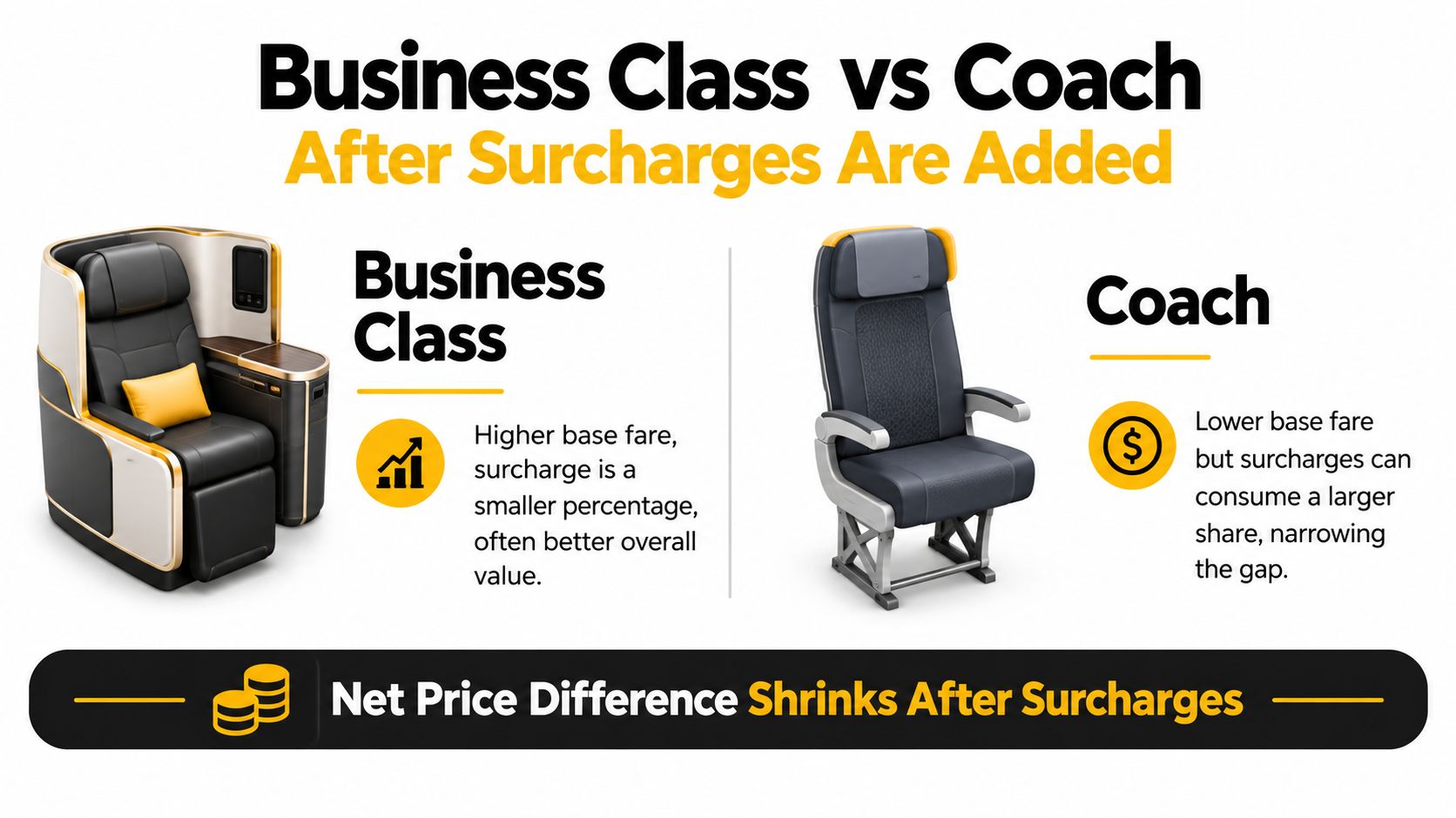 An infographic comparing the value of business class versus coach airline seats after surcharges are added.
