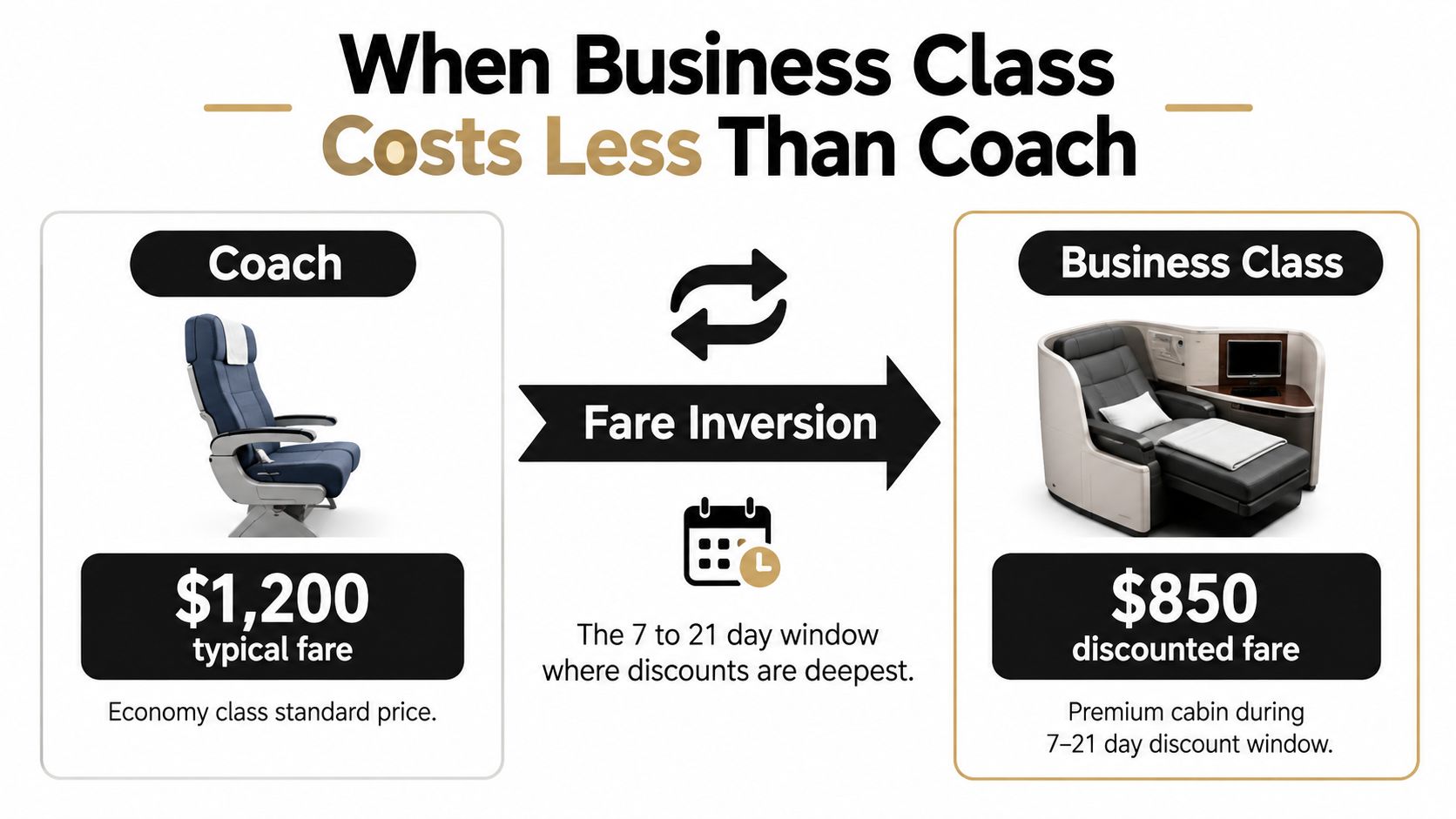 An infographic showing that business class flights can sometimes cost less than standard coach economy class tickets.