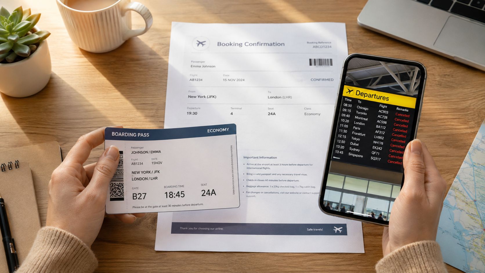 A person holding a boarding pass and a smartphone displaying cancelled flight information on a desk.