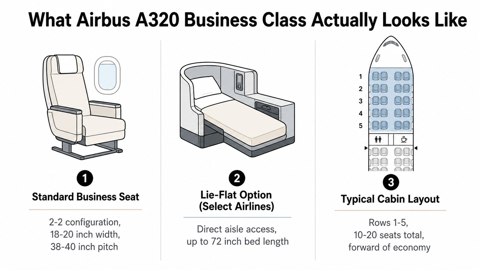 An infographic illustrating the seating options and cabin layout for Airbus A320 business class aircraft.