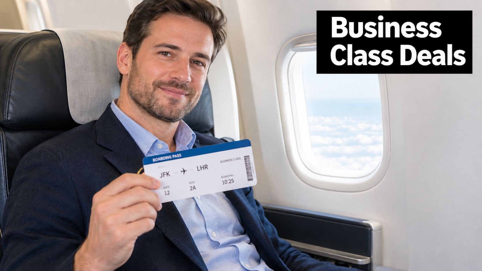 A businessman in a suit holding a business class boarding pass for a flight from JFK to LHR.