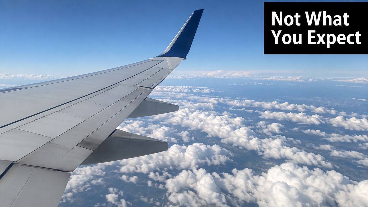 A view from an airplane window looking down at fluffy clouds and the aircraft wing.