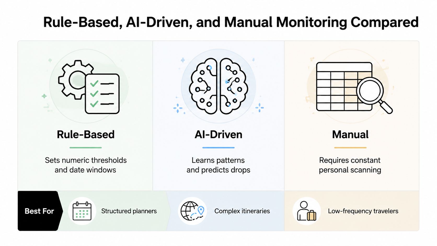 A comparison chart showing the differences between rule-based, AI-driven, and manual flight price monitoring methods.