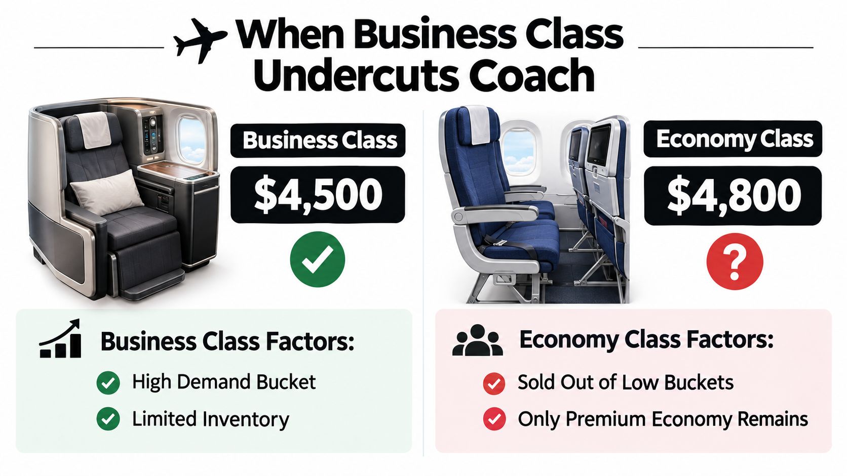 A comparison graphic showing a cheaper business class seat at $4,500 versus a more expensive economy seat.