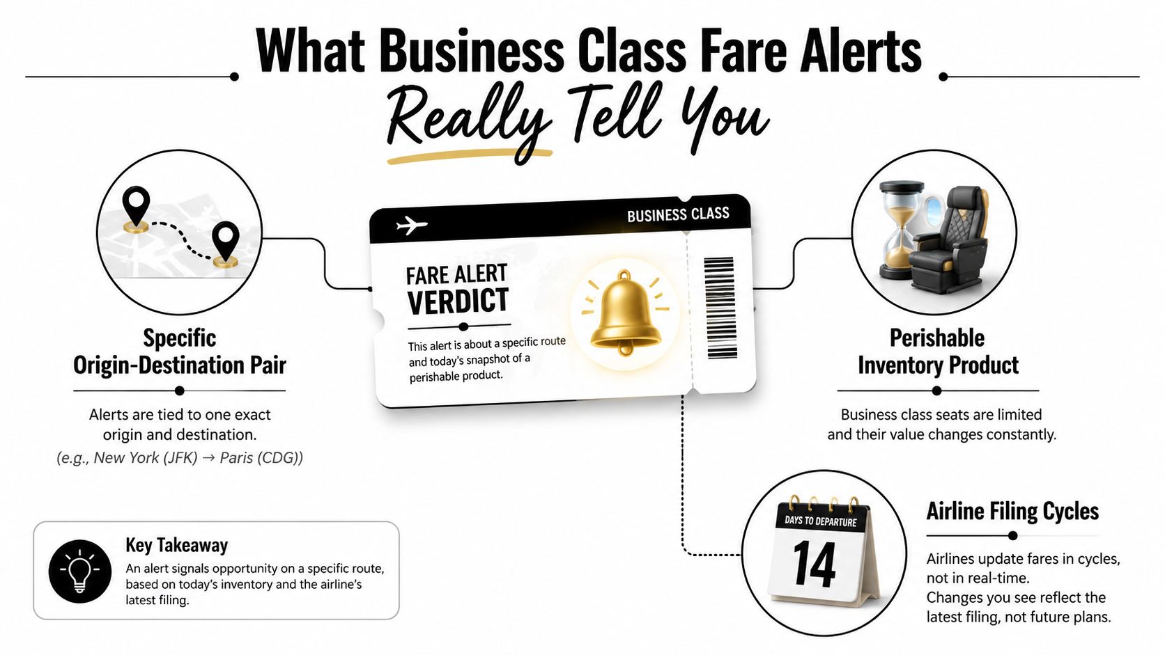 An infographic explaining how business class fare alerts work, including route details, inventory, and airline filing cycles.