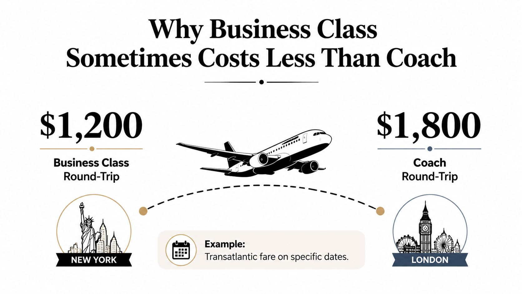 An infographic showing a transatlantic flight comparison with a business class ticket at $1,200 and coach at $1,800.