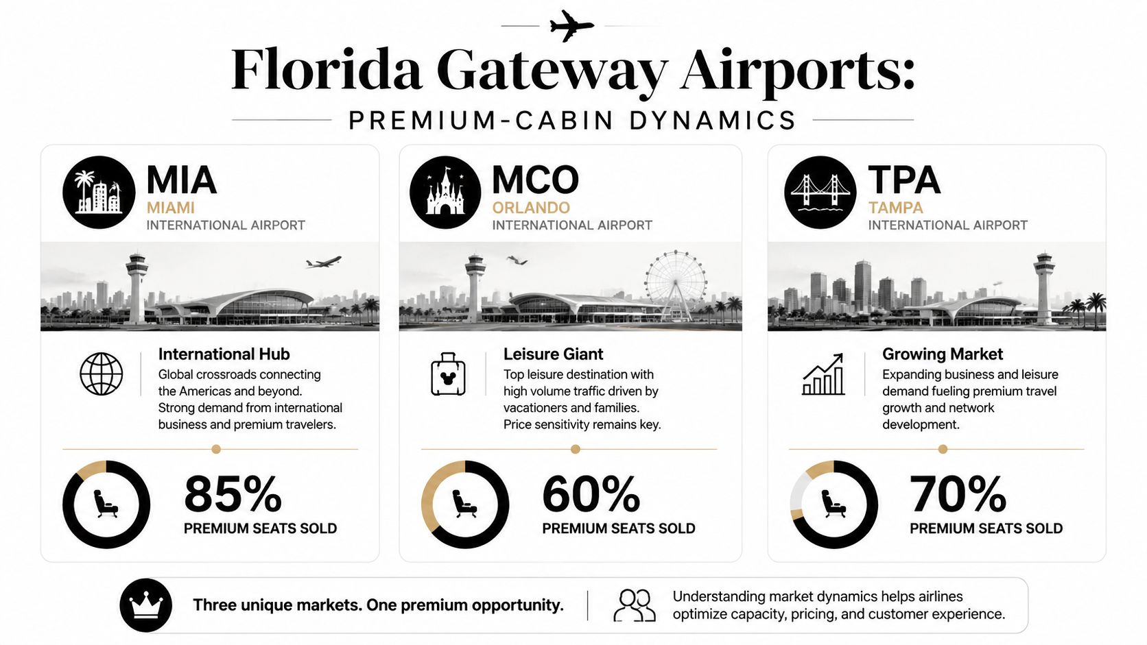 An infographic titled Florida Gateway Airports showing premium cabin seat sales for Miami, Orlando, and Tampa airports.