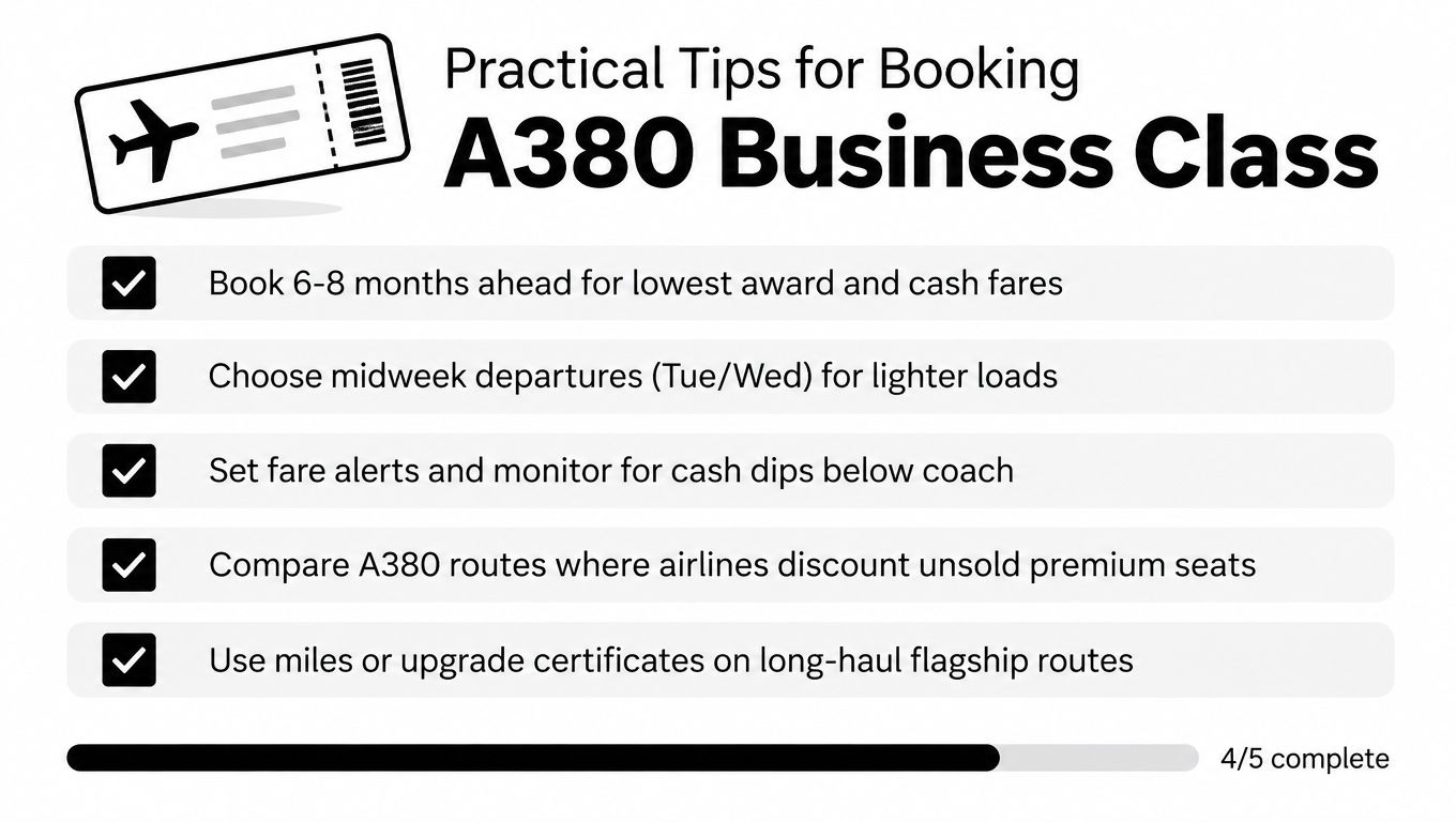 A checklist infographic providing five practical tips for booking affordable Airbus A380 business class flight tickets.