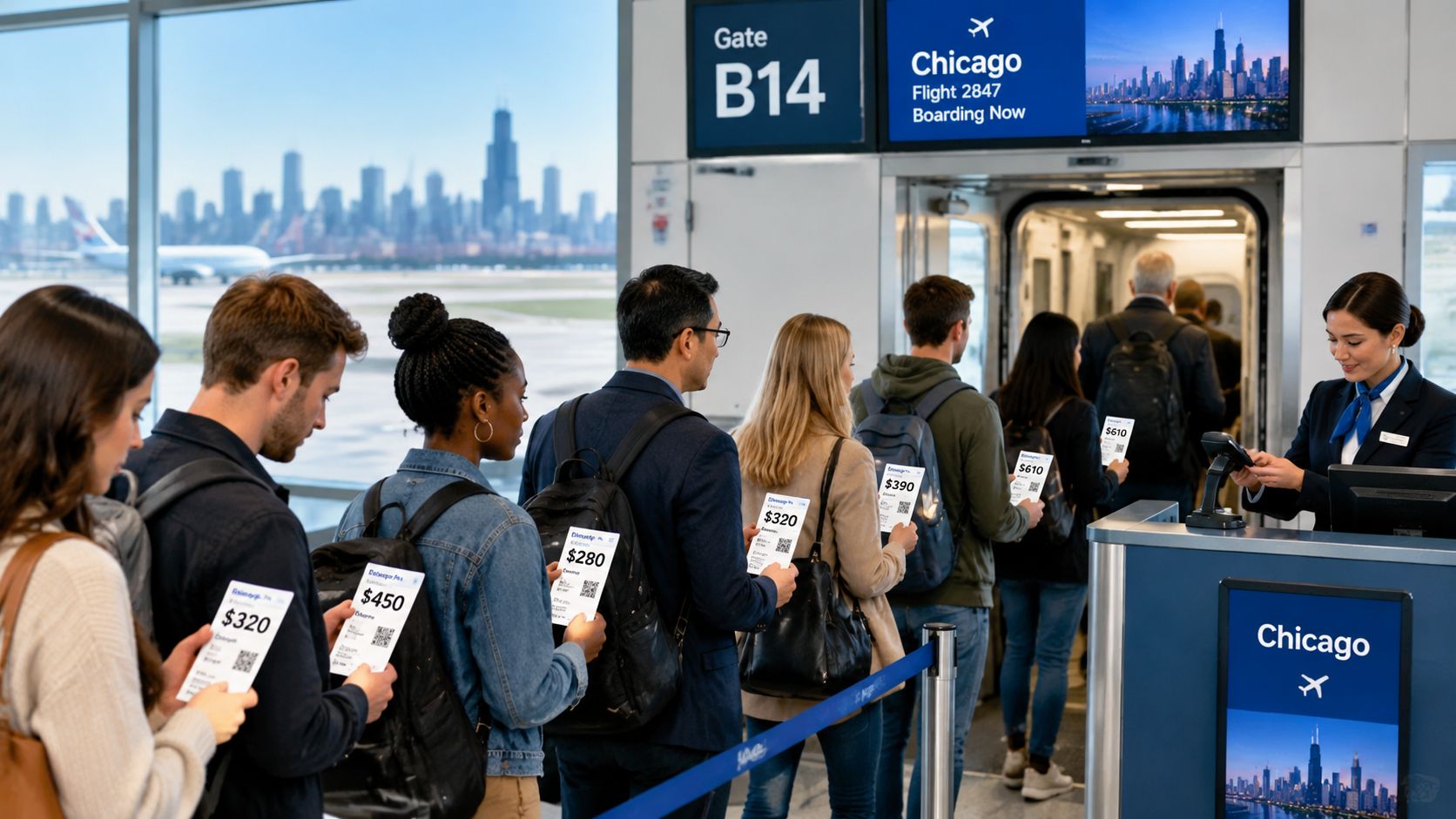 Passengers boarding a flight at an airport gate, each holding boarding passes with different price tags displayed.