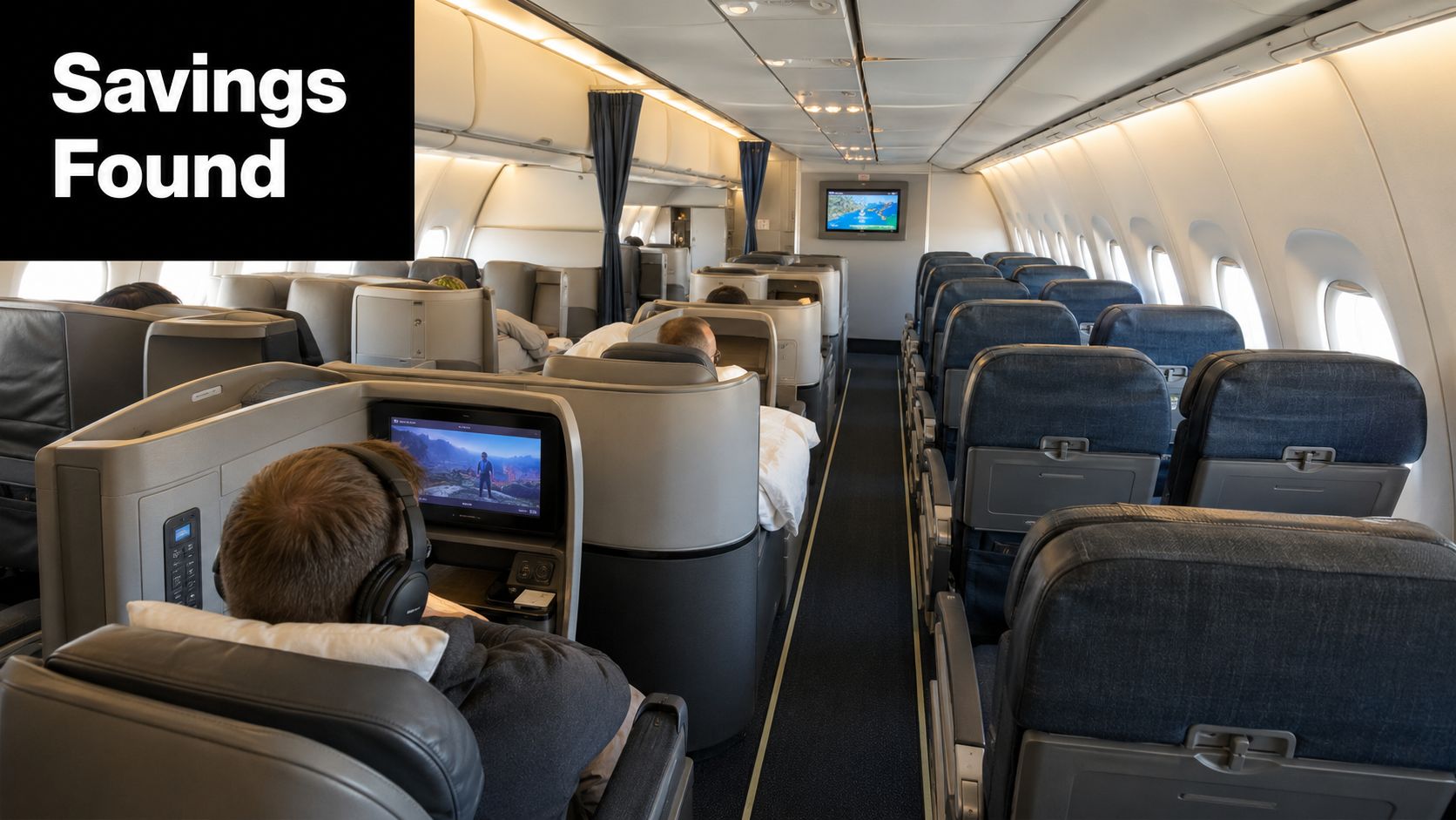 A view inside the business class cabin of an airplane showing passengers relaxing in their seats.