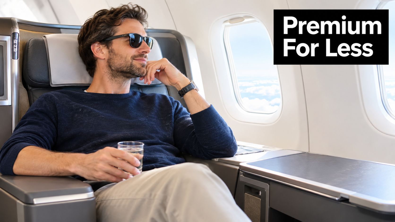 A man in a business class airplane seat relaxing by the window while holding a drink.