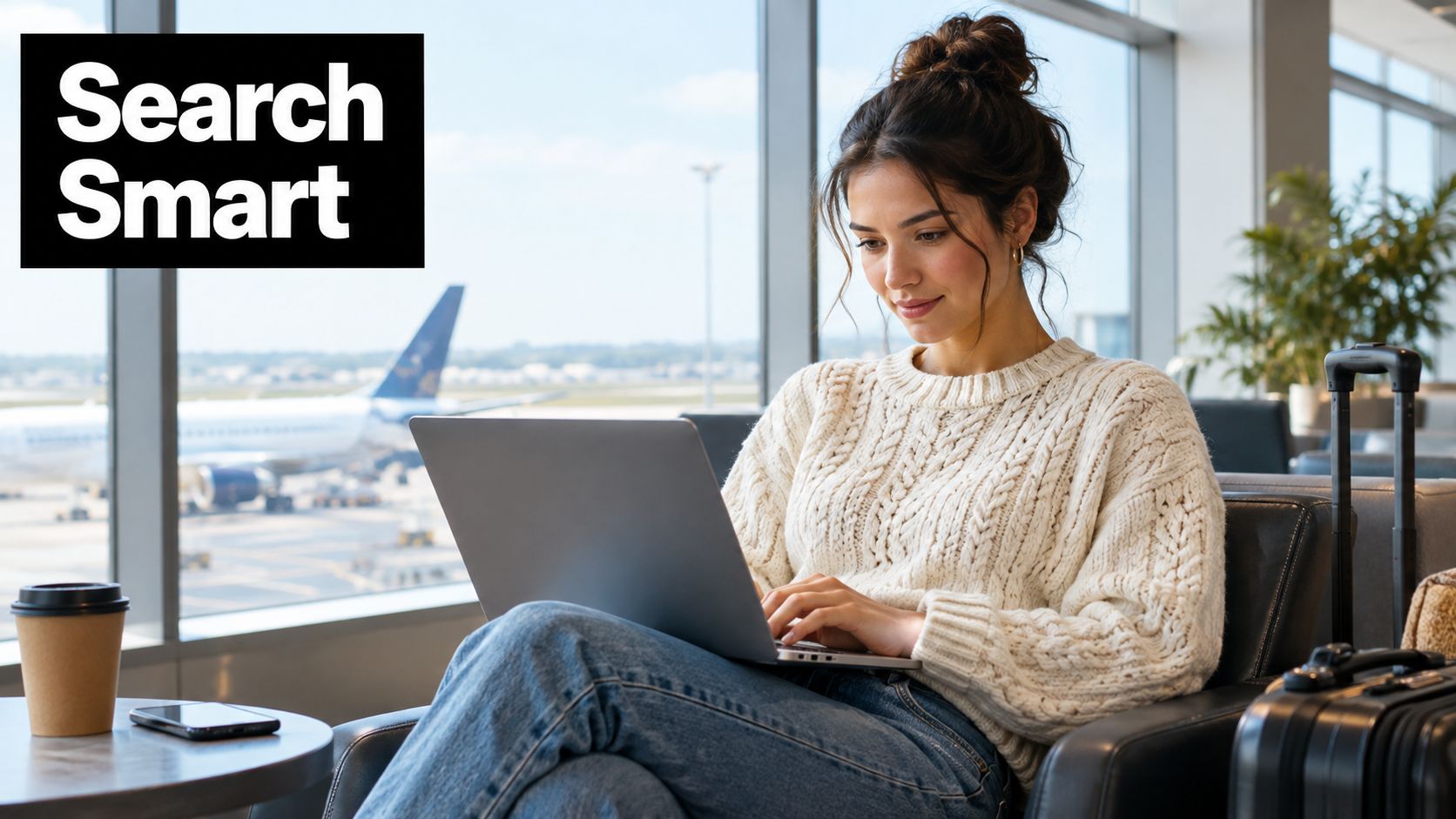 A woman with a bun hairstyle working on a laptop at an airport gate near a window.
