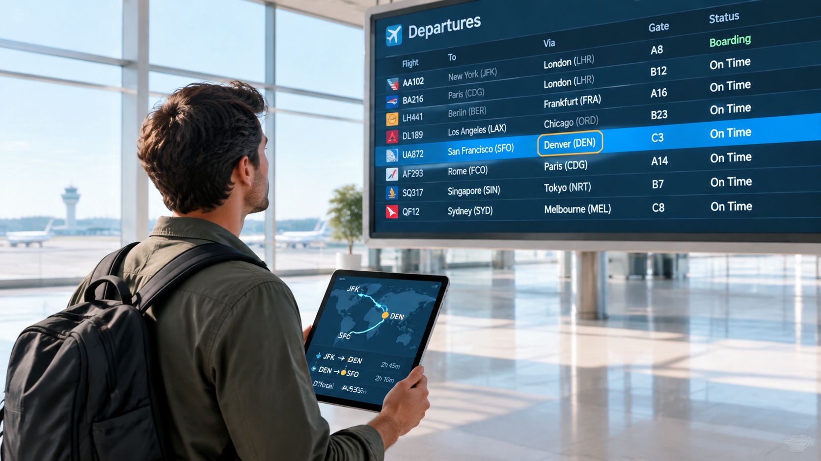 A traveler holding a tablet in an airport terminal, looking at a flight departure screen for information.