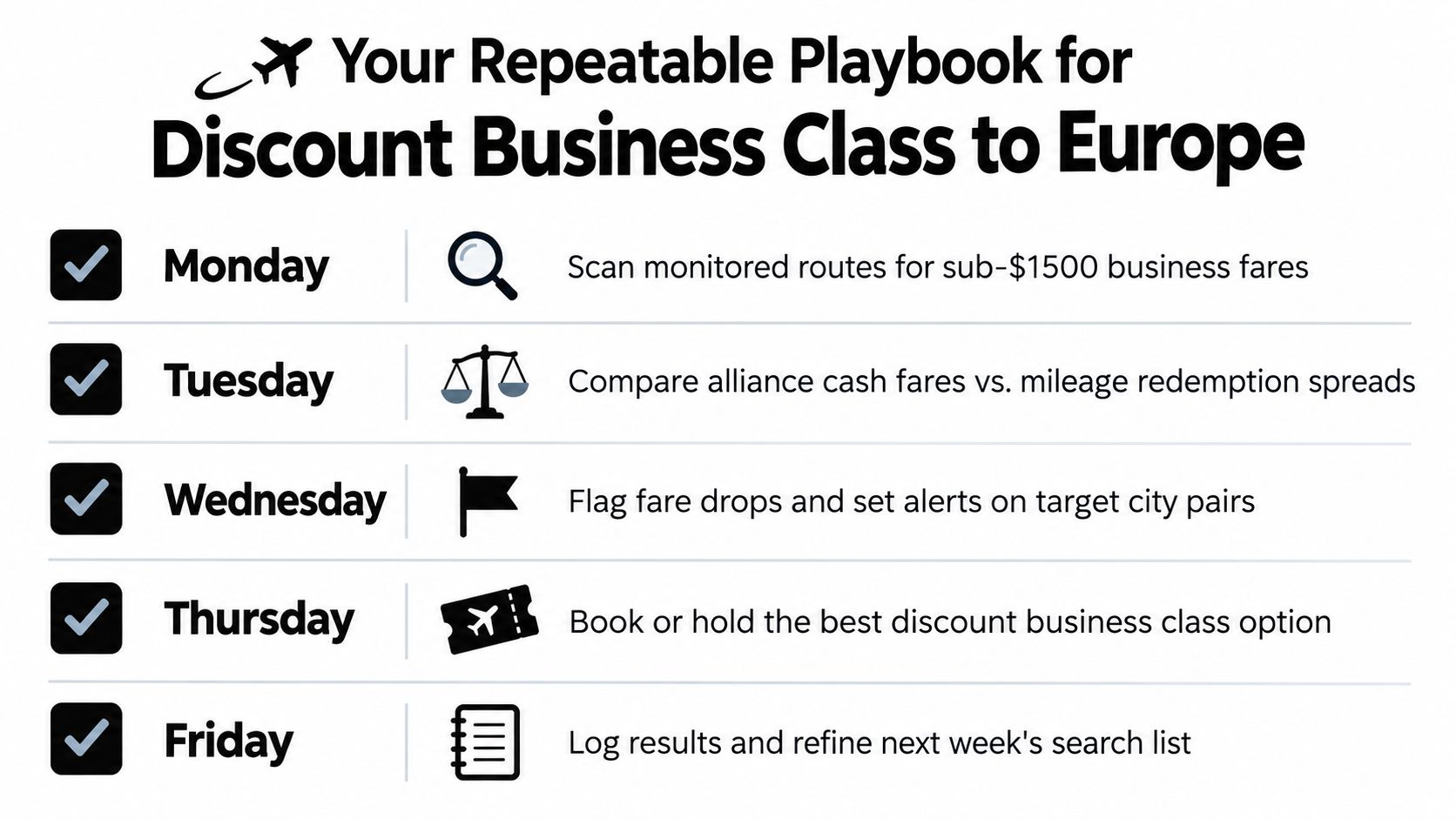 A weekly playbook infographic outlining a five-day strategy for booking discount business class flights to Europe.