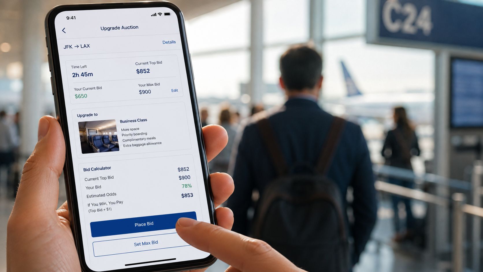 A hand holding a smartphone showing an airline upgrade auction interface at a busy airport terminal.