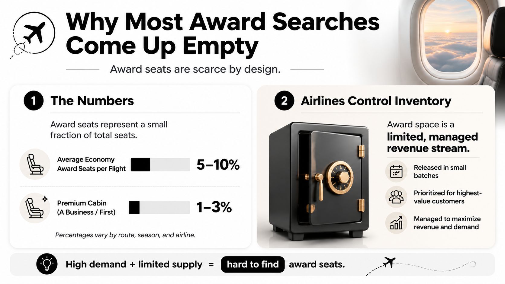An infographic explaining why airline award seats are scarce, limited, and hard to find for travelers.