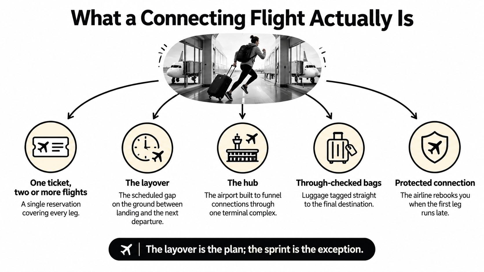 An infographic explaining the components of a connecting flight, including tickets, layovers, hubs, luggage, and protections.