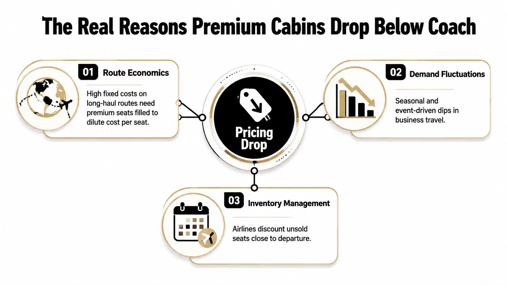 An infographic titled The Real Reasons Premium Cabins Drop Below Coach detailing pricing factors for premium flight seats.