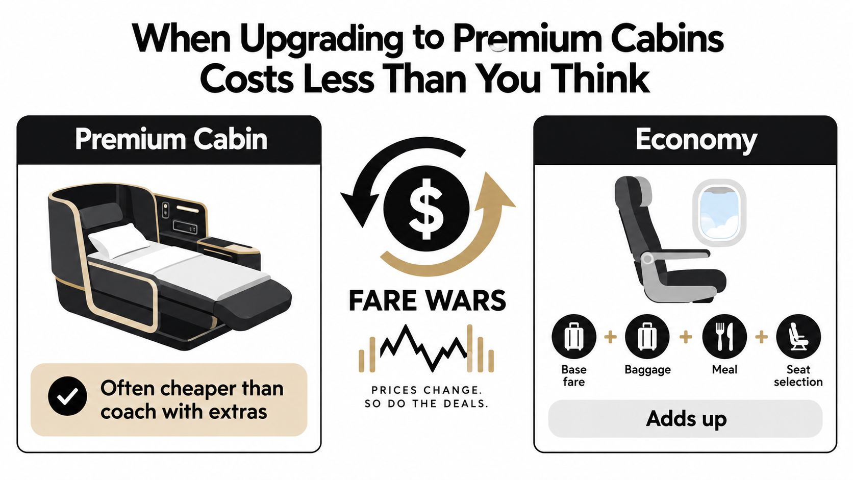 An infographic comparing premium cabin upgrades to economy flights with added costs for baggage and services.
