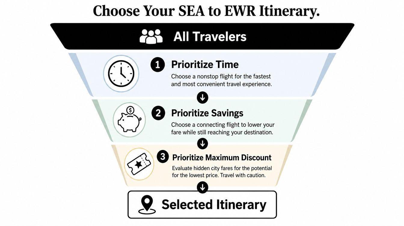 A funnel diagram showing three decision steps for selecting a SEA to EWR flight itinerary.