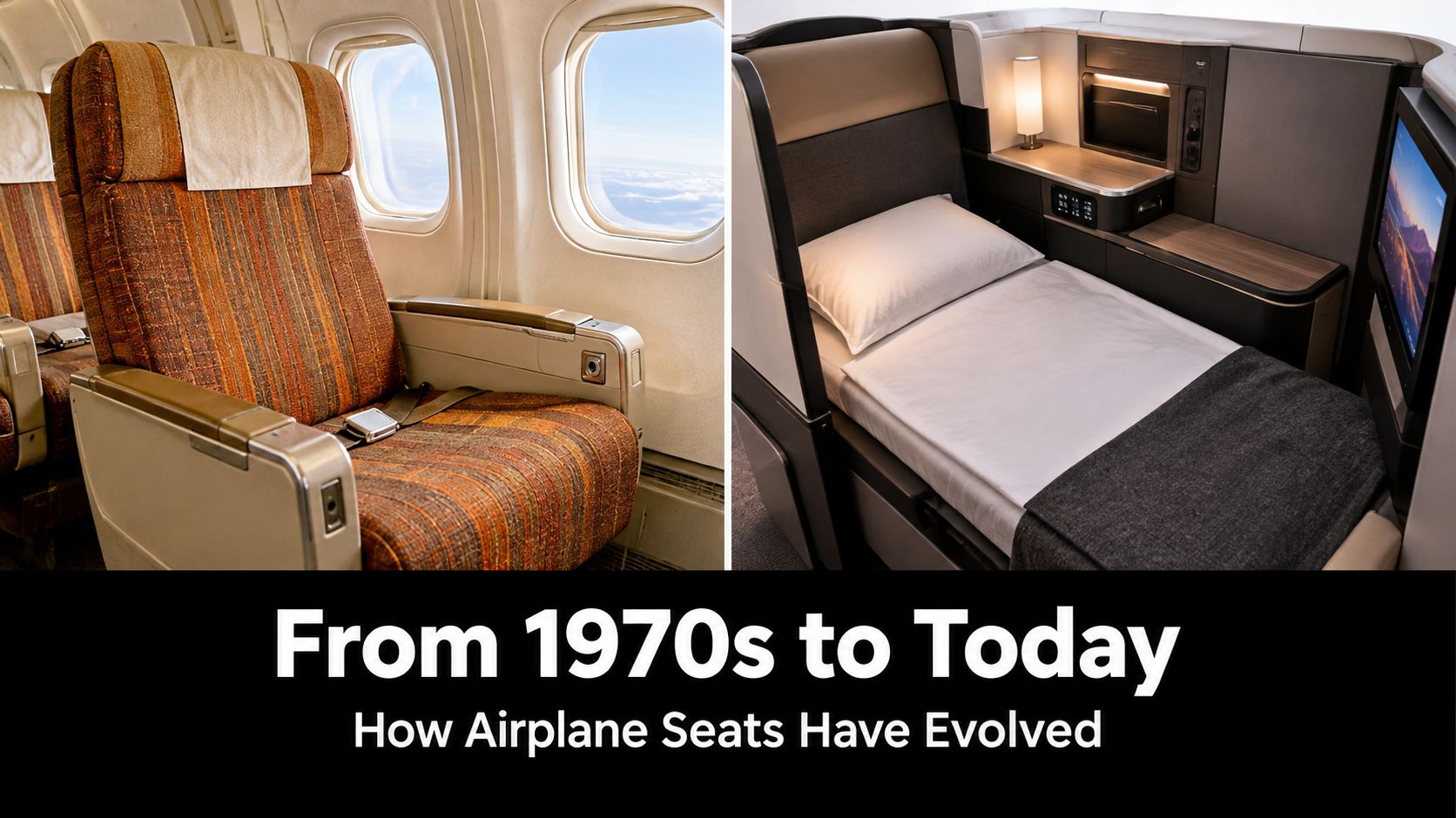 A split image comparing retro airplane seating from the 1970s with a modern luxury lie-flat airplane seat.