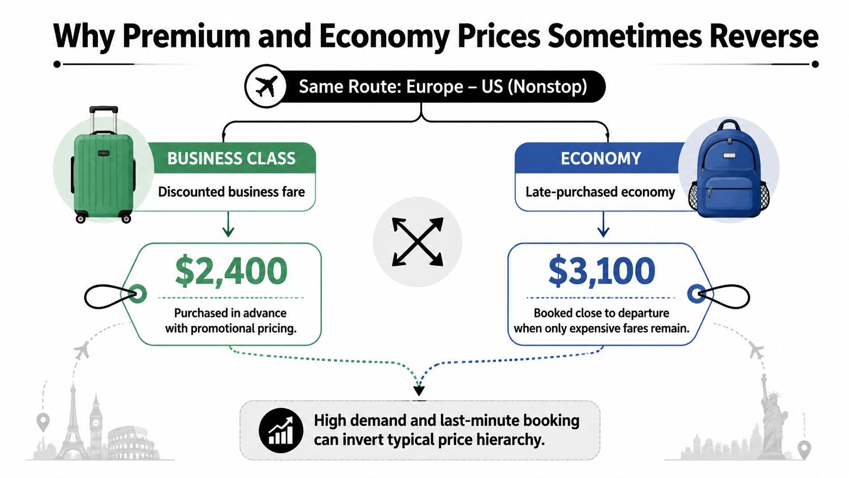 An infographic showing how last-minute economy tickets can be more expensive than discounted business class fares.