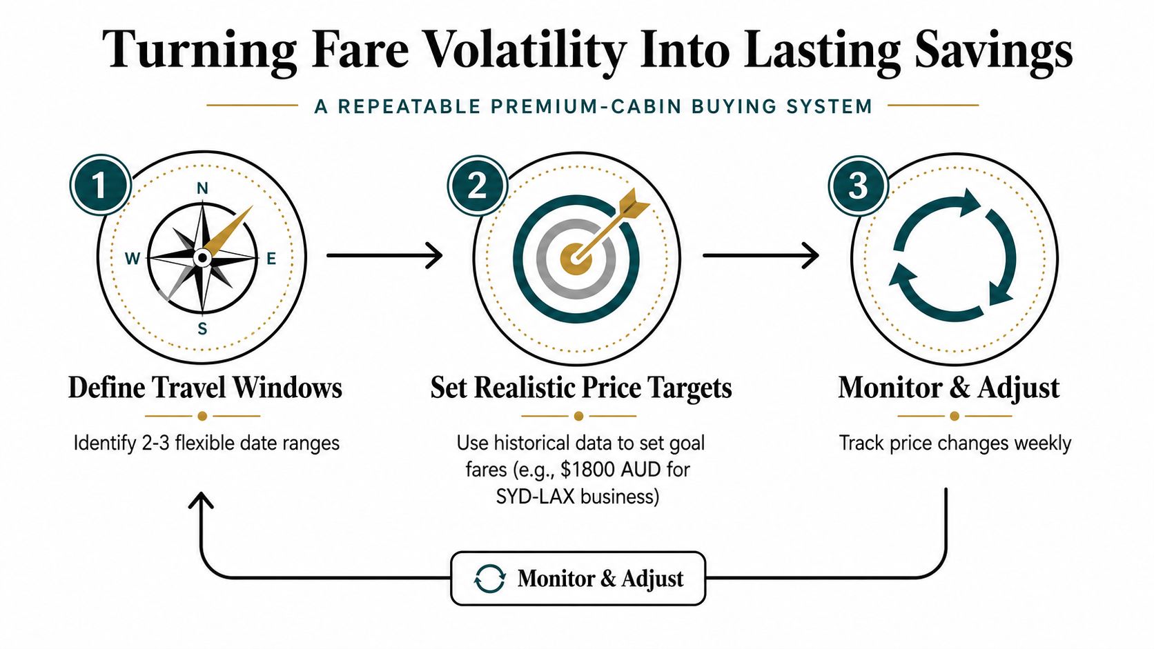 A three-step infographic illustrating a repeatable system for finding affordable business class flight savings.