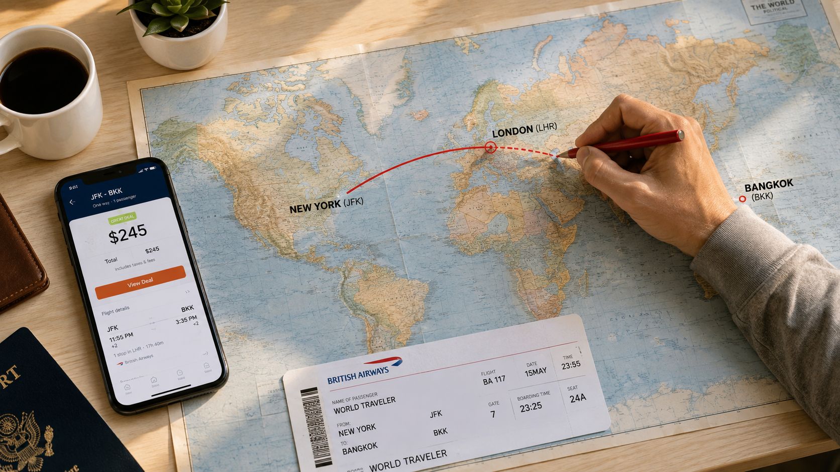 A person planning a trip with a smartphone, flight ticket, and a map showing flight routes.