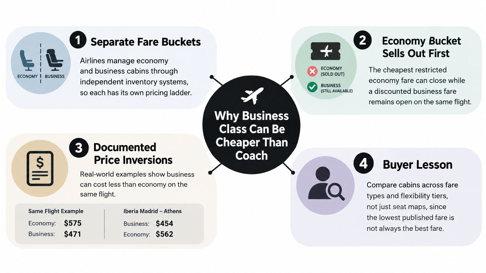 An infographic explaining why business class flights can sometimes be cheaper than economy class tickets.