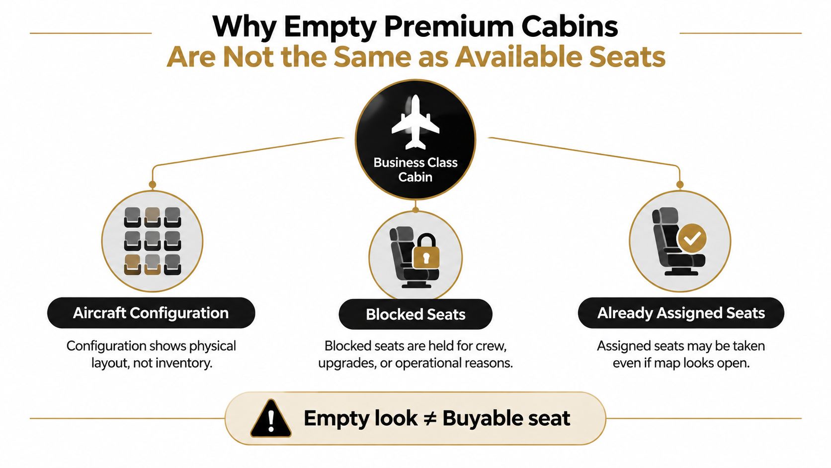 An infographic explaining why empty premium cabin seats displayed on maps may not be available for purchase.