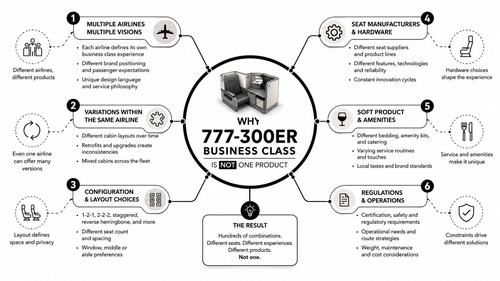 An infographic explaining why Boeing 777-300ER business class experiences vary significantly between airlines and configurations.