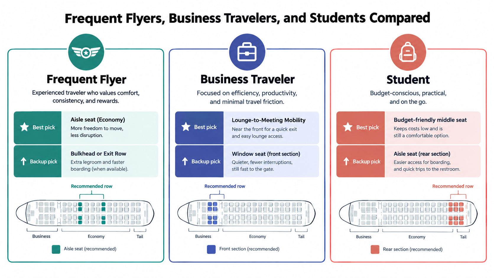 A comparison chart showing ideal airplane seat preferences for frequent flyers, business travelers, and students.
