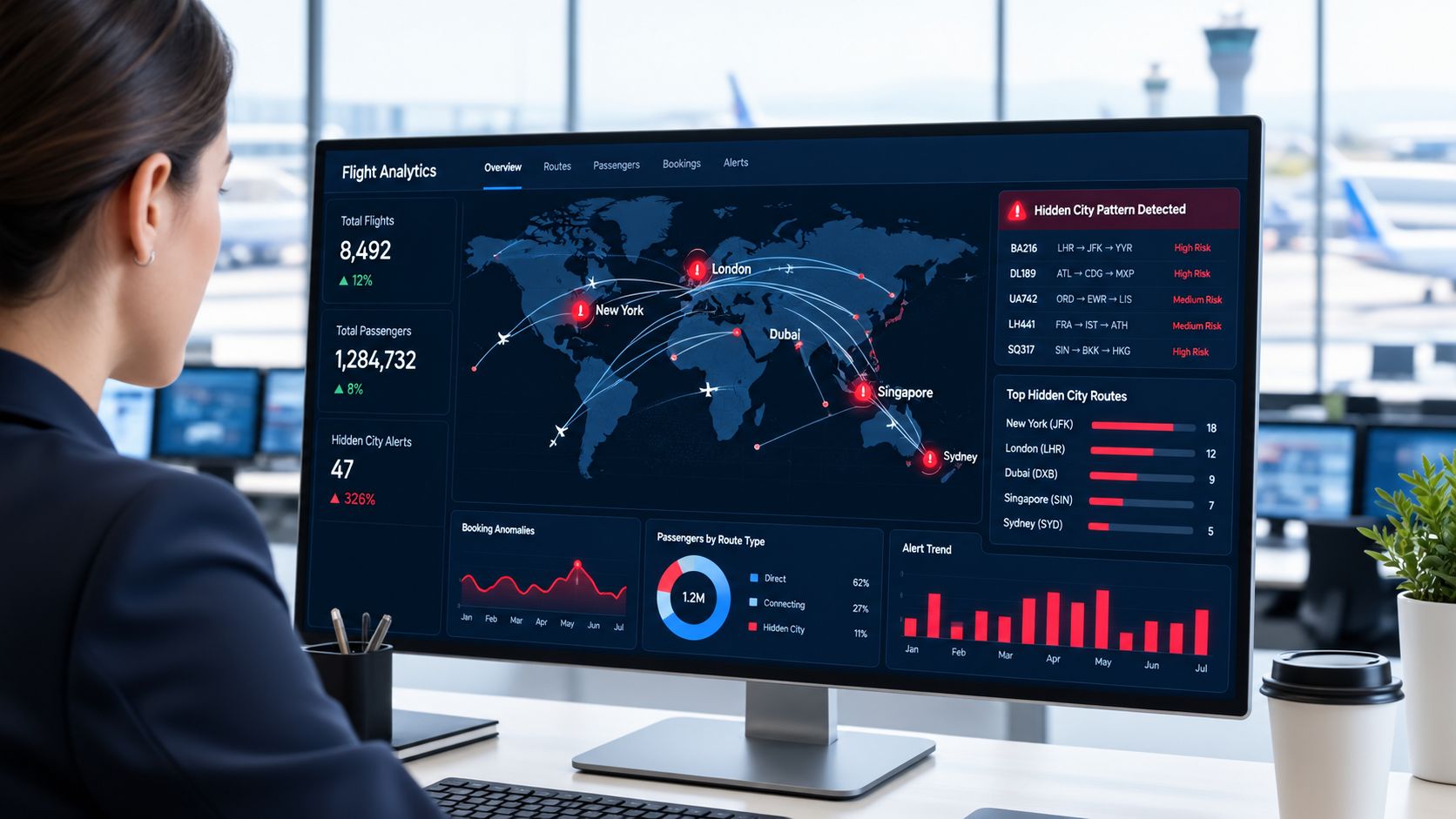 A professional analyzing a flight analytics dashboard on a computer screen displaying hidden city ticketing data.