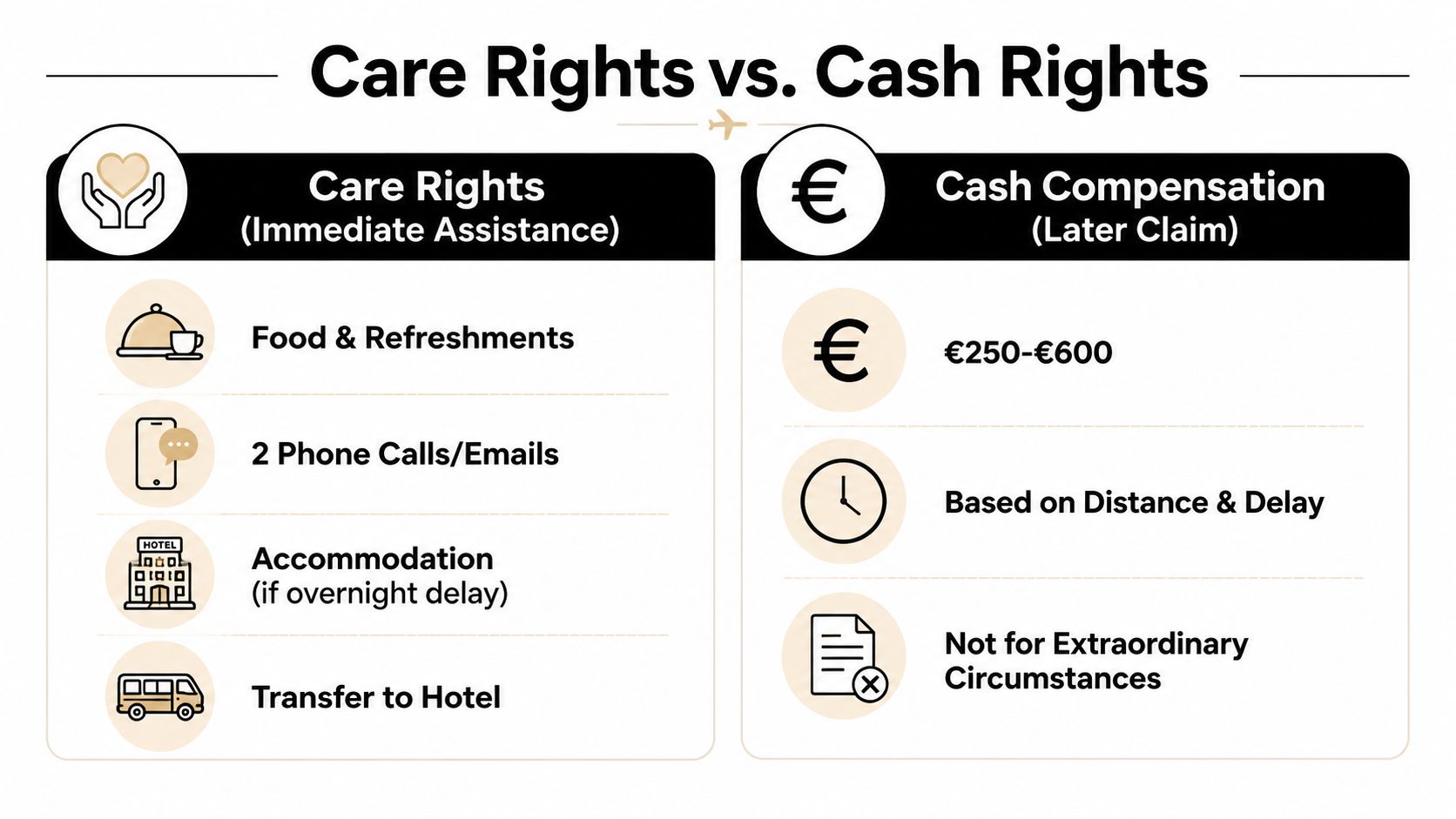 An infographic comparing flight care rights for immediate assistance versus cash compensation for delayed or cancelled flights.