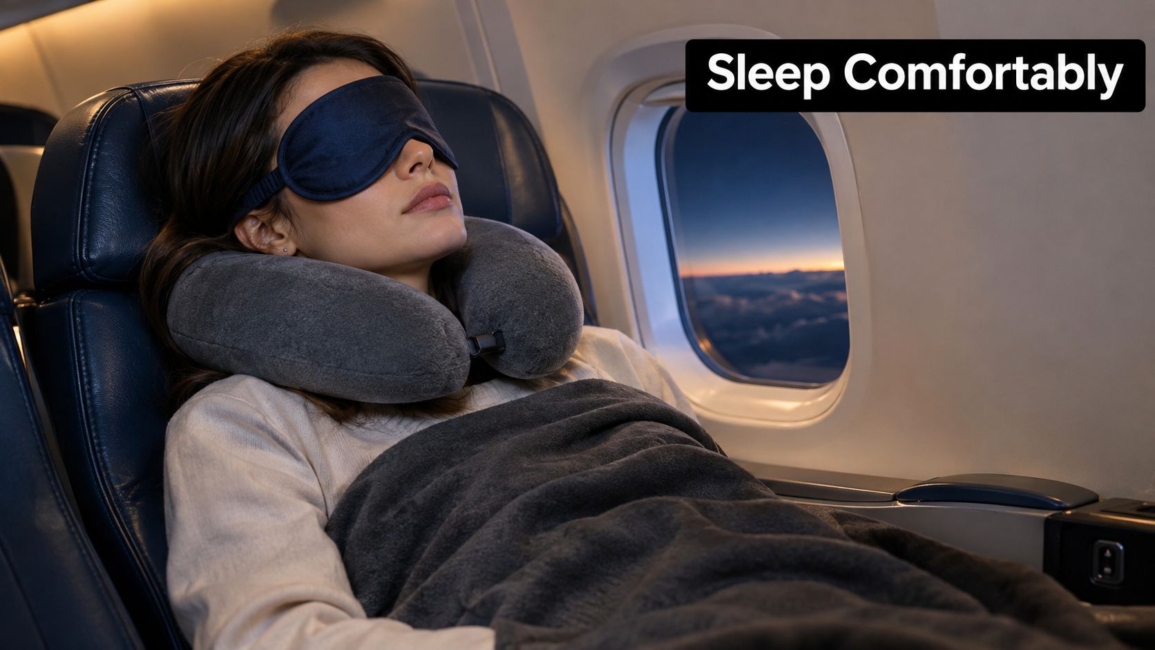A woman sleeping comfortably in an airplane seat wearing an eye mask and a neck pillow.