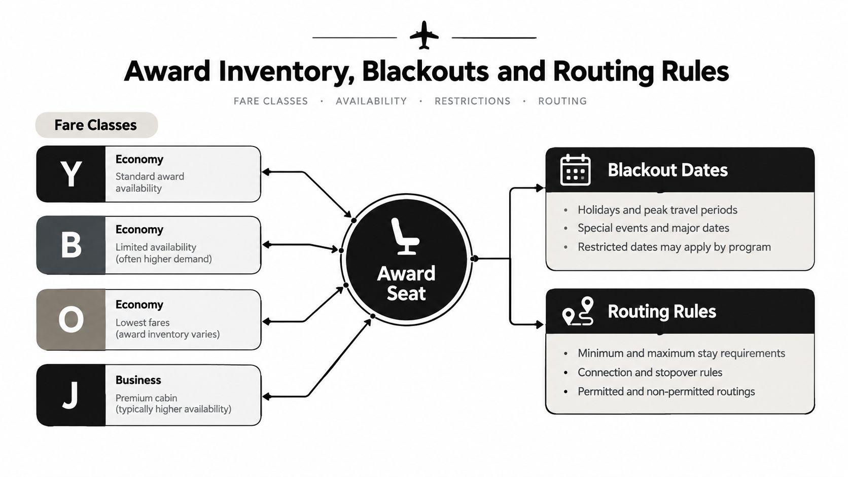 A diagram explaining factors affecting award seats, including fare classes, blackout dates, and airline routing rules.