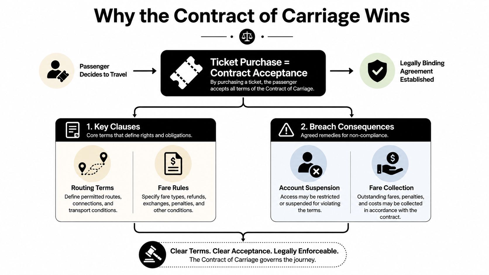 A flowchart explaining how purchasing a travel ticket establishes a legally binding contract of carriage between passengers and carriers.
